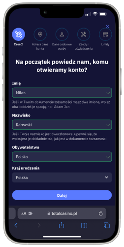 1 krok do rejestracji w TotalCasino