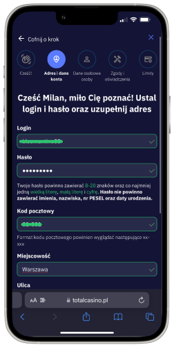 2 krok do rejestracji w Total-Casino