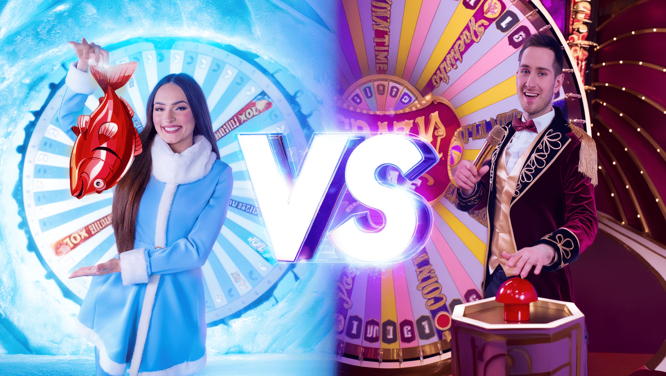 Zdjęcie przedstawiające porównanie dwóch gier od dostawcy Evolution, a mianowicie Ice Fishing i Creazy Time.